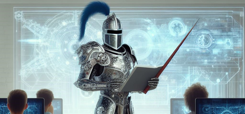 AI graphic of a knight teaching in front of a class